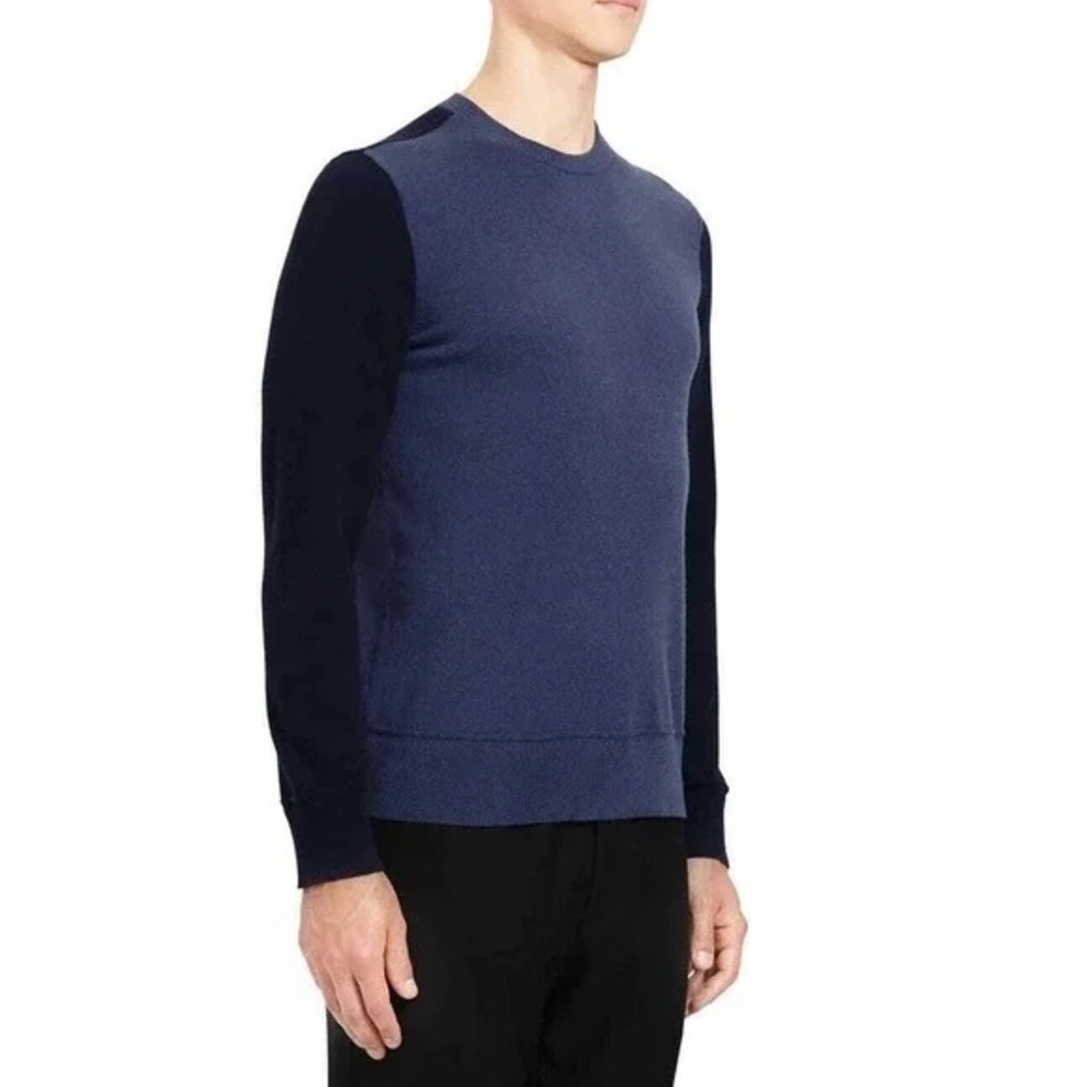 Theory Colorblock Crewneck Sweater Blue & Black Merino Blend Mens Size L